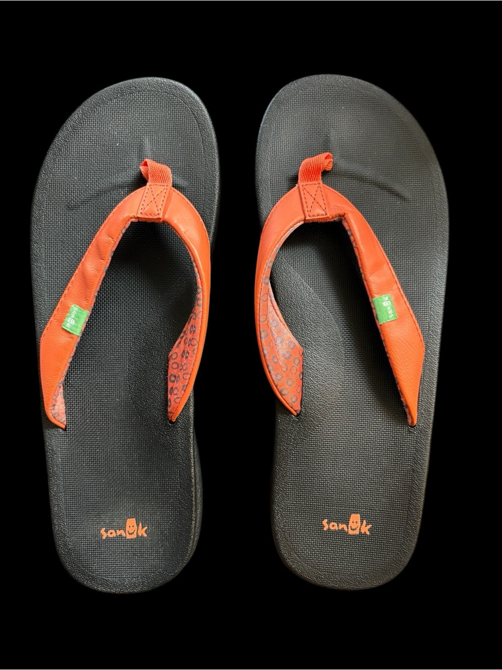 Sanuk Black Footbed Flip Flops with Orange Straps